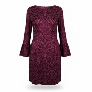Madison Leigh Burnout Velvet Dress Size 10 Burgundy Damask Bell Sleeve